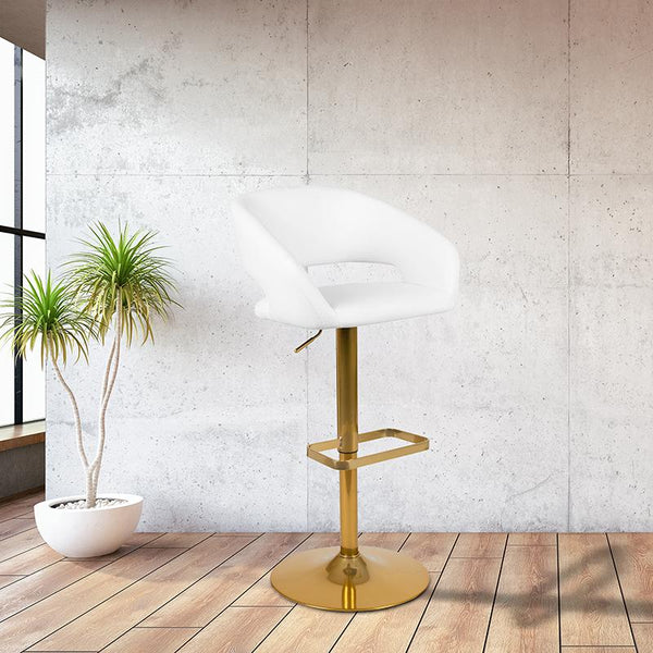 Contemporary White Vinyl Adjustable Height Barstool With Rounded Mid-Back And Gold Base By Flash Furniture | Bar Stools | Modishstore