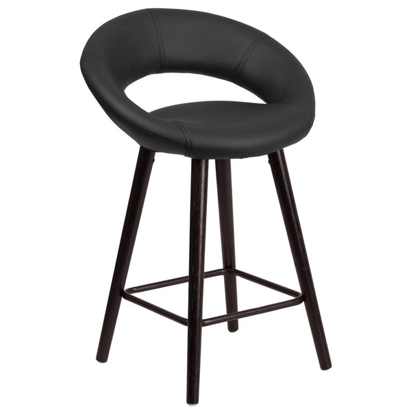 24'' High Contemporary Cappuccino Wood Rounded Back Counter Height Stool In Black Vinyl By Flash Furniture | Bar Stools | Modishstore