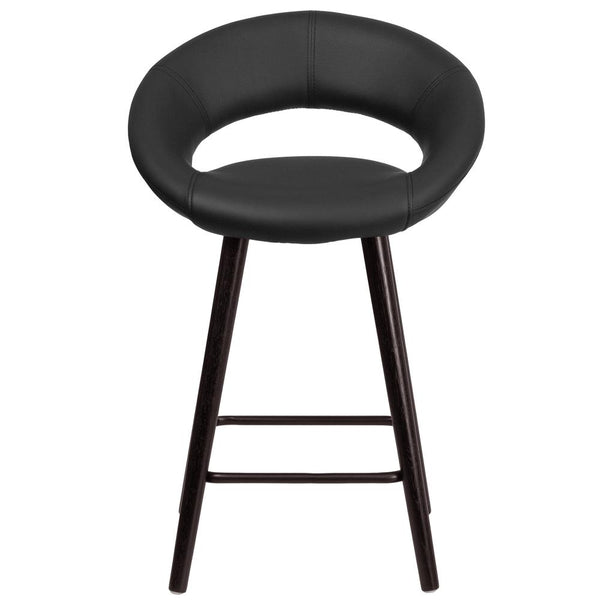 24'' High Contemporary Cappuccino Wood Rounded Back Counter Height Stool In Black Vinyl By Flash Furniture | Bar Stools | Modishstore - 4