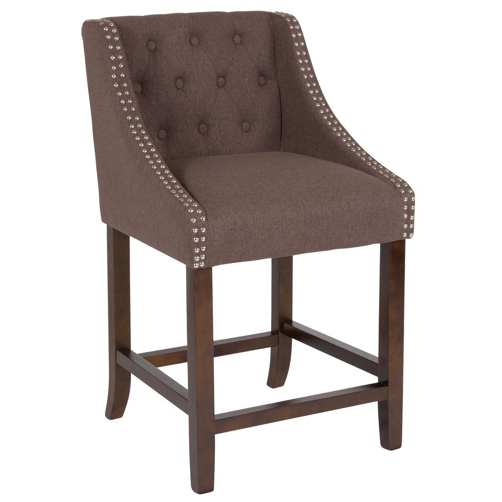 Carmel Series 24" High Transitional Tufted Walnut Counter Height Stool With Accent Nail Trim In Brown Fabric By Flash Furniture | Bar Stools | Modishstore