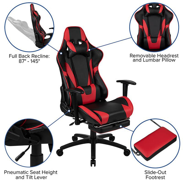 X30 Gaming Chair Racing Office Ergonomic Computer Chair With Fully Reclining Back And Slide-Out Footrest In Red Leathersoft By Flash Furniture | Office Chairs | Modishstore - 4