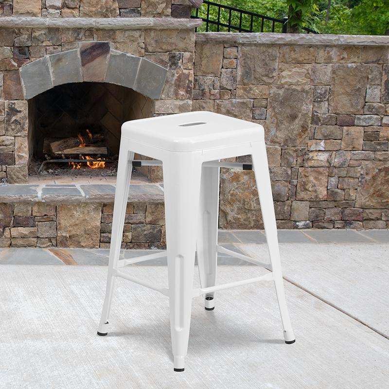 Commercial Grade 24" High Backless White Metal Indoor-Outdoor Counter Height Stool With Square Seat By Flash Furniture | Bar Stools | Modishstore