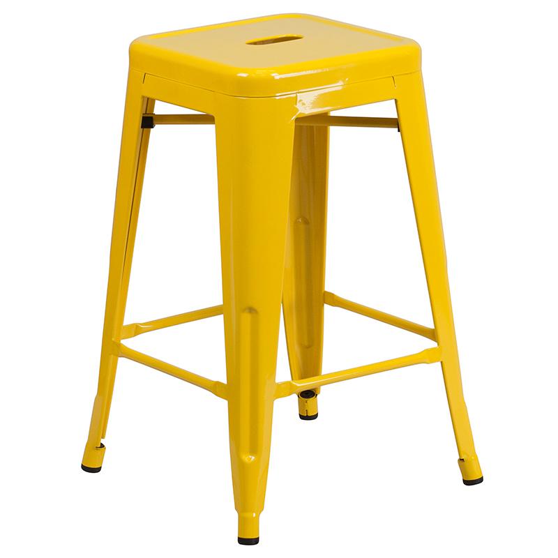 Commercial Grade 24" High Backless Yellow Metal Indoor-Outdoor Counter Height Stool With Square Seat By Flash Furniture | Bar Stools | Modishstore - 2