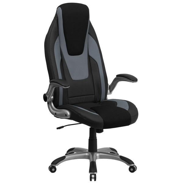 High Back Black And Gray Vinyl Executive Swivel Ergonomic Office Chair With Black Mesh Insets And Flip-Up Arms By Flash Furniture | Office Chairs | Modishstore