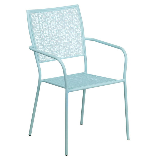 Commercial Grade Sky Blue Indoor-Outdoor Steel Patio Arm Chair With Square Back By Flash Furniture | Dining Chairs | Modishstore