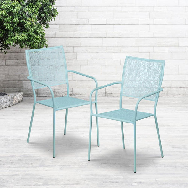 Commercial Grade Sky Blue Indoor-Outdoor Steel Patio Arm Chair With Square Back By Flash Furniture | Dining Chairs | Modishstore - 2