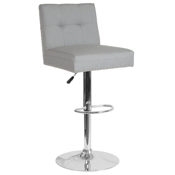 Contemporary Adjustable Height Tufted Back Barstool With Accent Nail Trim In Light Gray Fabric By Flash Furniture | Bar Stools | Modishstore