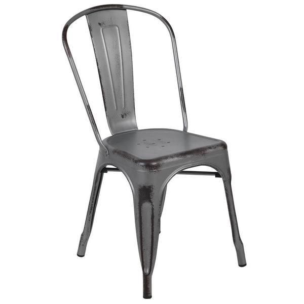 Commercial Grade Distressed Silver Gray Metal Indoor-Outdoor Stackable Chair By Flash Furniture | Bar Stools | Modishstore