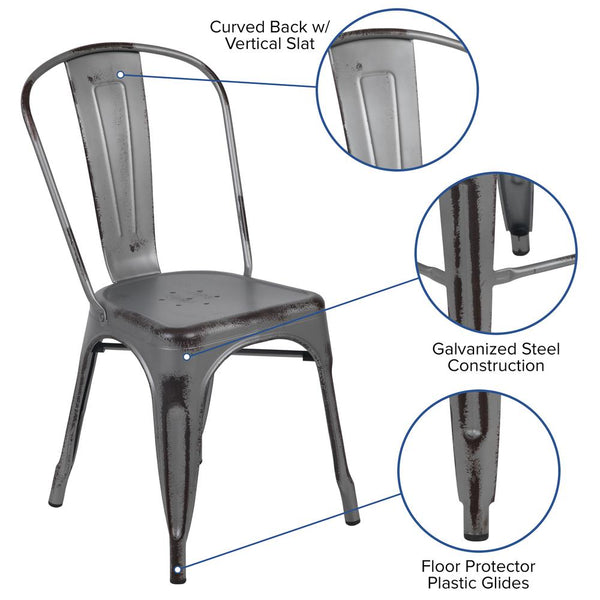 Commercial Grade Distressed Silver Gray Metal Indoor-Outdoor Stackable Chair By Flash Furniture | Bar Stools | Modishstore - 3
