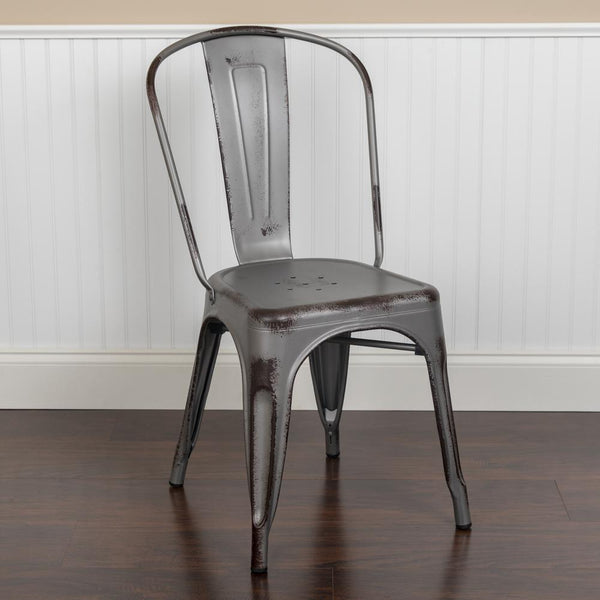 Commercial Grade Distressed Silver Gray Metal Indoor-Outdoor Stackable Chair By Flash Furniture | Bar Stools | Modishstore - 2