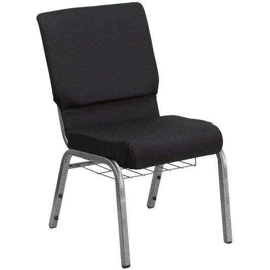 Hercules Series 18.5''W Church Chair In Black Patterned Fabric With Cup Book Rack - Silver Vein Frame By Flash Furniture | Side Chairs | Modishstore