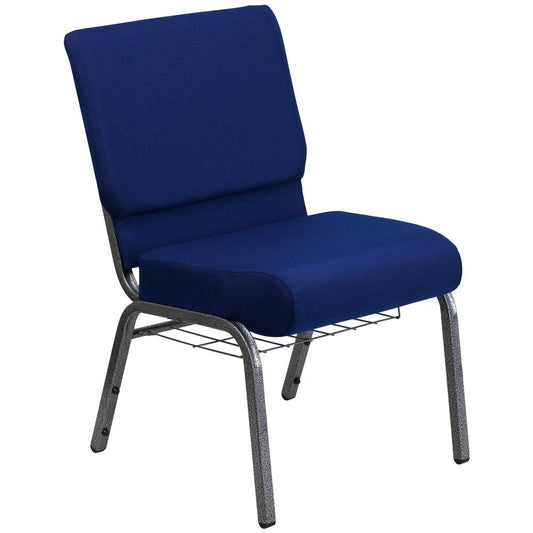 Hercules Series 21''W Church Chair In Navy Blue Fabric With Cup Book Rack - Silver Vein Frame By Flash Furniture | Side Chairs | Modishstore