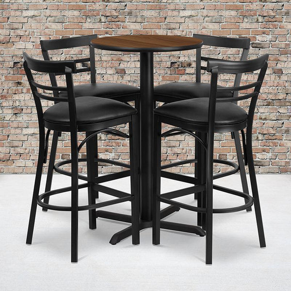 24'' Round Walnut Laminate Table Set With X-Base And 4 Two-Slat Ladder Back Metal Barstools - Black Vinyl Seat By Flash Furniture | Bar Stools & Table | Modishstore