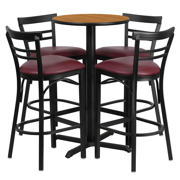 24'' Round Natural Laminate Table Set With X-Base And 4 Two-Slat Ladder Back Metal Barstools - Burgundy Vinyl Seat By Flash Furniture | Bar Stools & Table | Modishstore - 2