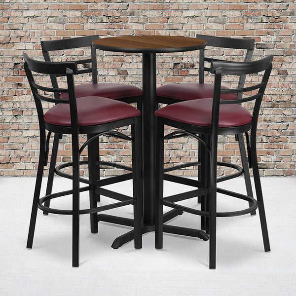 24'' Round Walnut Laminate Table Set With X-Base And 4 Two-Slat Ladder Back Metal Barstools - Burgundy Vinyl Seat By Flash Furniture | Bar Stools & Table | Modishstore