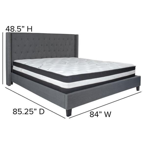 King Size Tufted Upholstered Platform Bed With Accent Nail Trimmed Extended Sides In Dark Gray Fabric With Mattress By Flash Furniture | Beds | Modishstore - 2