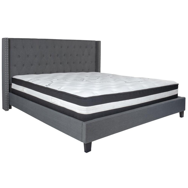 King Size Tufted Upholstered Platform Bed With Accent Nail Trimmed Extended Sides In Dark Gray Fabric With Mattress By Flash Furniture | Beds | Modishstore