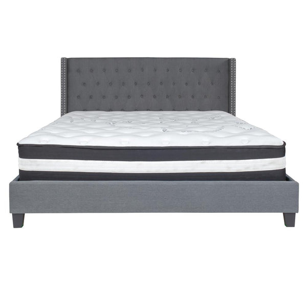 King Size Tufted Upholstered Platform Bed With Accent Nail Trimmed Extended Sides In Dark Gray Fabric With Mattress By Flash Furniture | Beds | Modishstore - 3
