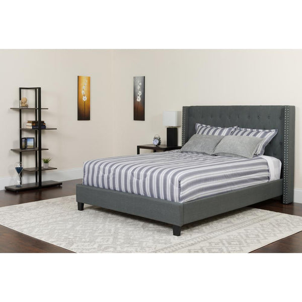 King Size Tufted Upholstered Platform Bed With Accent Nail Trimmed Extended Sides In Dark Gray Fabric With Mattress By Flash Furniture | Beds | Modishstore - 4