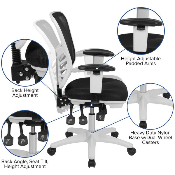 Mid-Back Black Mesh Multifunction Executive Swivel Ergonomic Office Chair With Adjustable Arms And White Frame By Flash Furniture | Office Chairs | Modishstore - 2
