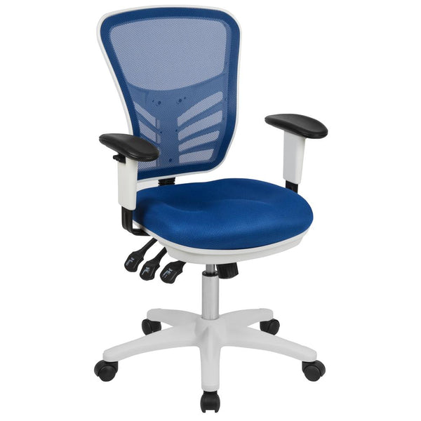 Mid-Back Blue Mesh Multifunction Executive Swivel Ergonomic Office Chair With Adjustable Arms And White Frame By Flash Furniture | Office Chairs | Modishstore