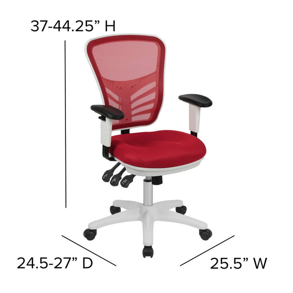 Mid-Back Red Mesh Multifunction Executive Swivel Ergonomic Office Chair With Adjustable Arms And White Frame By Flash Furniture | Office Chairs | Modishstore - 4