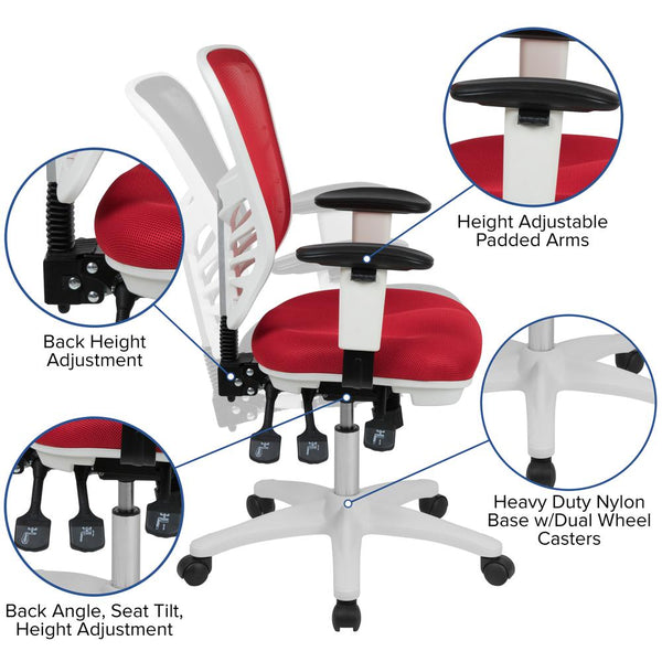 Mid-Back Red Mesh Multifunction Executive Swivel Ergonomic Office Chair With Adjustable Arms And White Frame By Flash Furniture | Office Chairs | Modishstore - 2