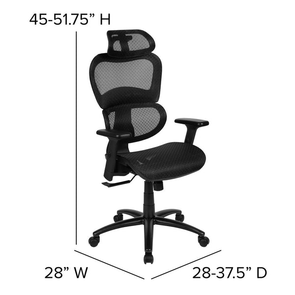 Ergonomic Mesh Office Chair With 2-To-1 Synchro-Tilt, Adjustable Headrest, Lumbar Support, And Adjustable Pivot Arms In Black By Flash Furniture | Office Chairs | Modishstore - 2