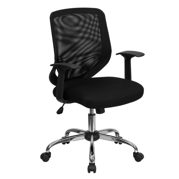 Mid-Back Black Mesh Tapered Back Swivel Task Office Chair With Chrome Base And T-Arms By Flash Furniture | Office Chairs | Modishstore