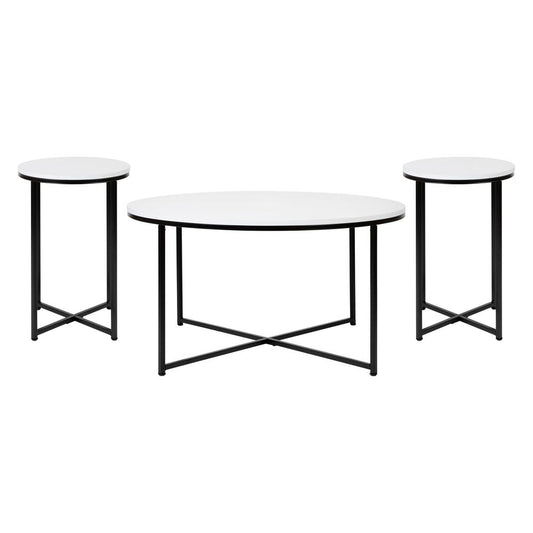 Hampstead Collection Coffee And End Table Set - White Laminate Top With Matte Black Crisscross Frame, 3 Piece Table Set By Flash Furniture | End Tables | Modishstore