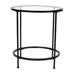 Astoria Collection Round End Table - Modern Clear Glass Accent Table With Matte Black Frame By Flash Furniture