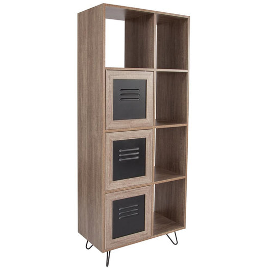 Woodridge Collection 63"H 5 Cube Storage Organizer Bookcase With Metal Cabinet Doors In Rustic Wood Grain Finish By Flash Furniture | Bookcases | Modishstore
