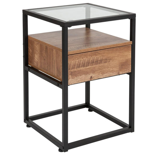 Cumberland Collection Glass End Table With Drawer And Shelf In Rustic Wood Grain Finish By Flash Furniture | End Tables | Modishstore
