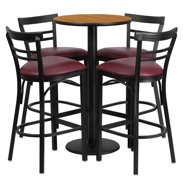 24'' Round Natural Laminate Table Set With Round Base And 4 Two-Slat Ladder Back Metal Barstools - Burgundy Vinyl Seat By Flash Furniture | Bar Stools & Table | Modishstore - 2