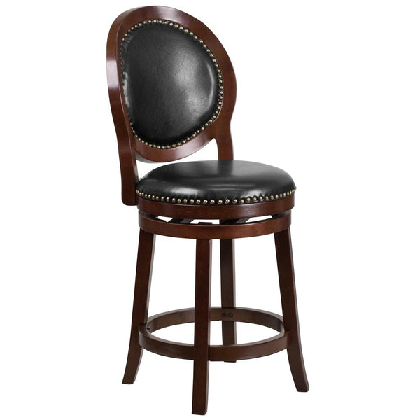 26'' High Cappuccino Counter Height Wood Stool With Oval Back And Black Leathersoft Swivel Seat By Flash Furniture | Bar Stools | Modishstore