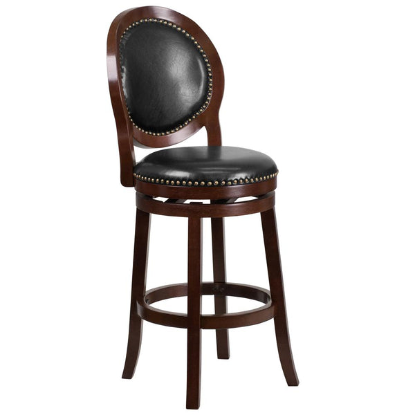 30'' High Cappuccino Wood Barstool With Oval Back And Black Leathersoft Swivel Seat By Flash Furniture | Bar Stools | Modishstore