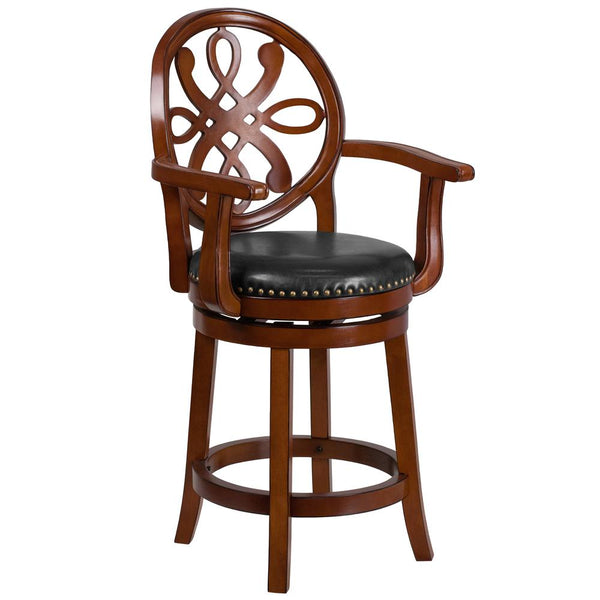 26'' High Brandy Wood Counter Height Stool With Arms, Carved Back And Black Leathersoft Swivel Seat By Flash Furniture | Bar Stools | Modishstore