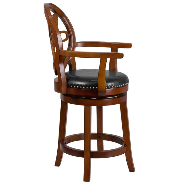 26'' High Brandy Wood Counter Height Stool With Arms, Carved Back And Black Leathersoft Swivel Seat By Flash Furniture | Bar Stools | Modishstore - 2