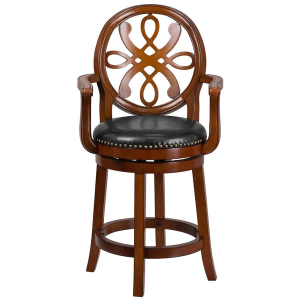 26'' High Brandy Wood Counter Height Stool With Arms, Carved Back And Black Leathersoft Swivel Seat By Flash Furniture | Bar Stools | Modishstore - 4