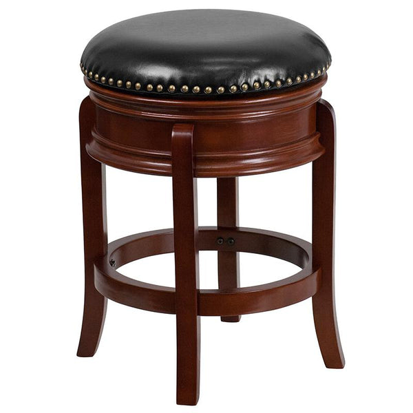 24'' High Backless Light Cherry Wood Counter Height Stool Carved Apron And Black Leathersoft Swivel Seat By Flash Furniture | Bar Stools | Modishstore