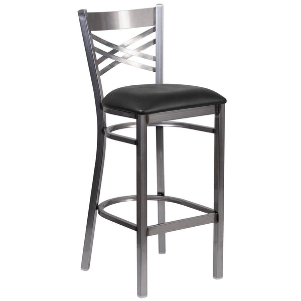 Hercules Series Clear Coated ''X'' Back Metal Restaurant Barstool - Black Vinyl Seat By Flash Furniture | Bar Stools | Modishstore