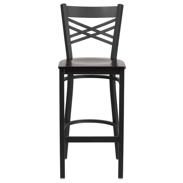 Hercules Series Black ''X'' Back Metal Restaurant Barstool - Walnut Wood Seat By Flash Furniture | Bar Stools | Modishstore - 4