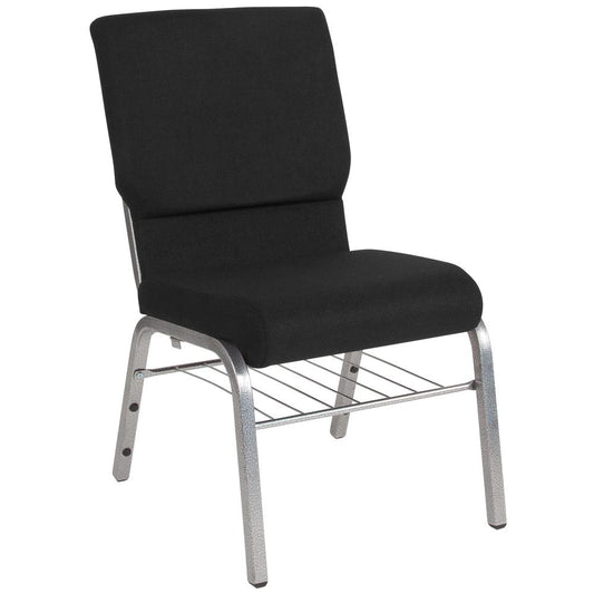 Hercules Series 18.5''W Church Chair In Black Fabric With Book Rack - Silver Vein Frame By Flash Furniture | Side Chairs | Modishstore