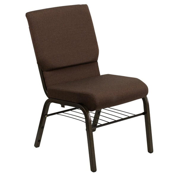 Hercules Series 18.5''W Church Chair In Brown Fabric With Book Rack - Gold Vein Frame By Flash Furniture | Side Chairs | Modishstore