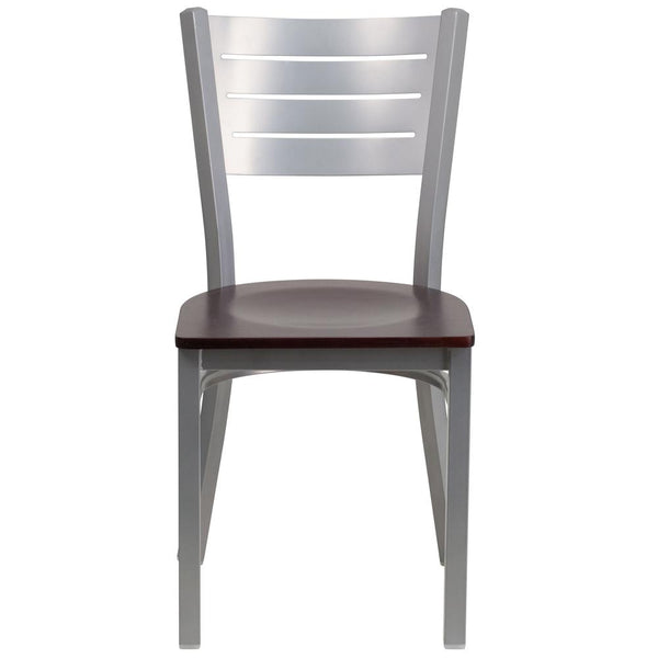 Hercules Series Silver Slat Back Metal Restaurant Chair - Mahogany Wood Seat By Flash Furniture | Dining Chairs | Modishstore - 4