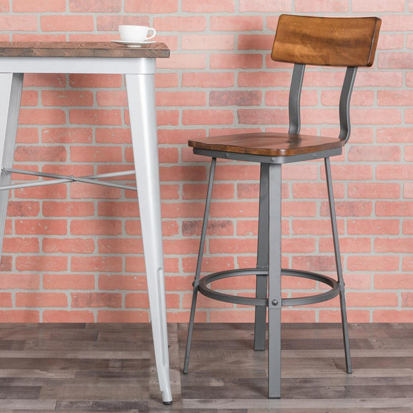 Flint Series Rustic Walnut Restaurant Barstool With Wood Seat & Back And Gray Powder Coat Frame By Flash Furniture | Bar Stools | Modishstore