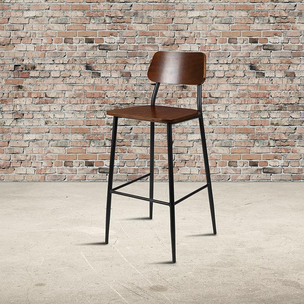 Industrial Barstool With Gunmetal Steel Frame And Rustic Wood Seat By Flash Furniture | Dining Chairs | Modishstore