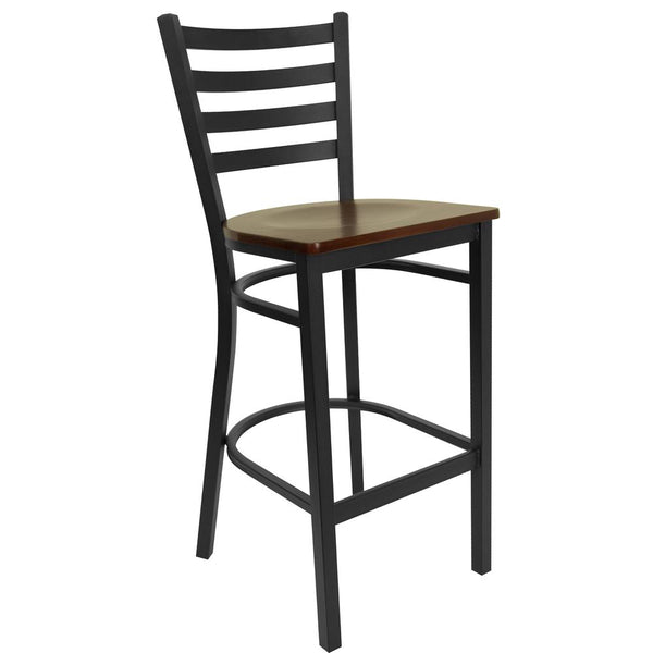 Hercules Series Black Ladder Back Metal Restaurant Barstool - Mahogany Wood Seat By Flash Furniture | Bar Stools | Modishstore