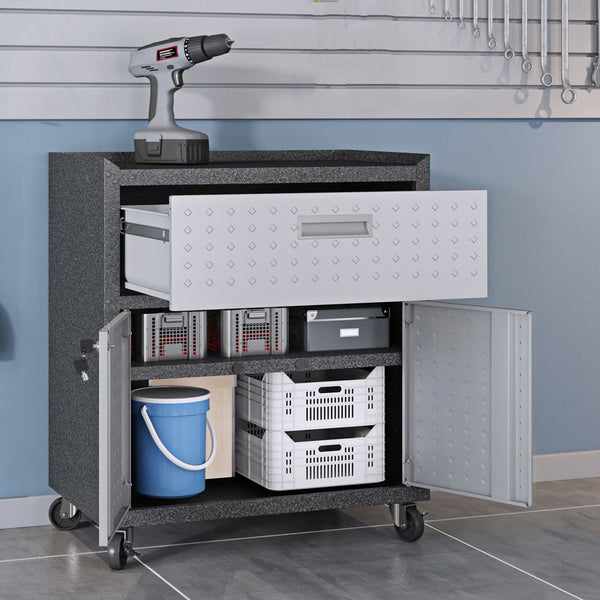 Manhattan Comfort 3-Piece Fortress Mobile Space-Saving Steel Garage Cabinet and Worktable 2.0 in Grey | Drawers | Modishstore-4
