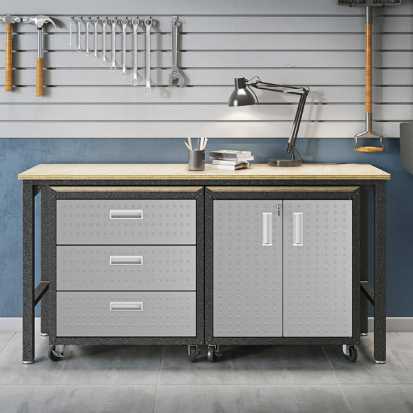 Manhattan Comfort 3-Piece Fortress Mobile Space-Saving Steel Garage Cabinet and Worktable 3.0 in Grey | Drawers | Modishstore-14